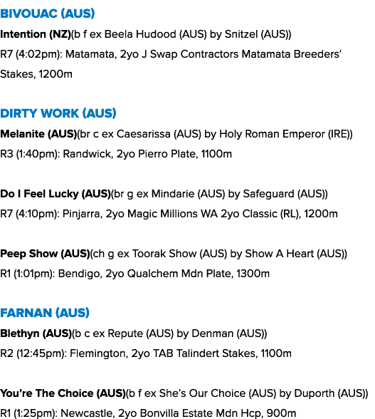Bivouac (AUS) Intention (NZ)(b f ex Beela Hudood (AUS) by Snitzel (AUS)) R7 (4:02pm): Matamata, 2yo J Swap Contractor...