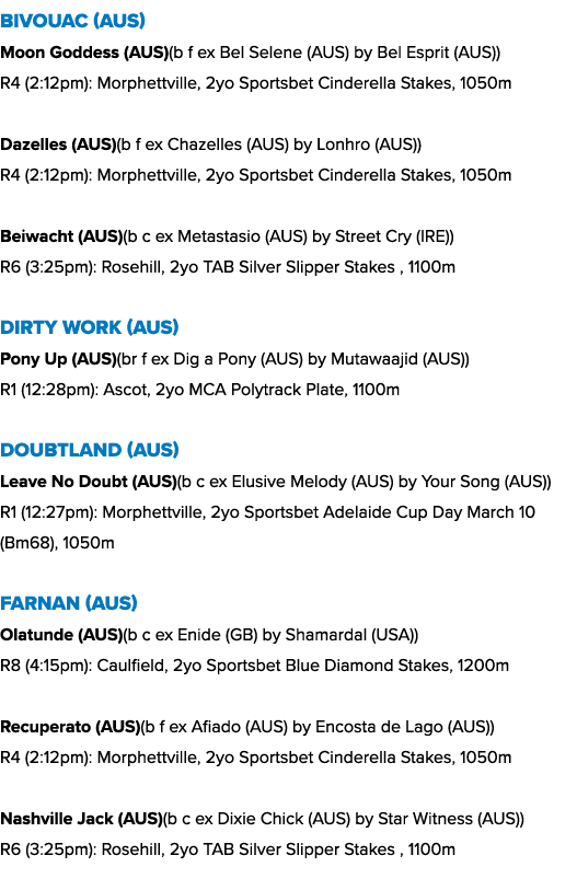Bivouac (AUS) Moon Goddess (AUS)(b f ex Bel Selene (AUS) by Bel Esprit (AUS)) R4 (2:12pm): Morphettville, 2yo Sportsb...
