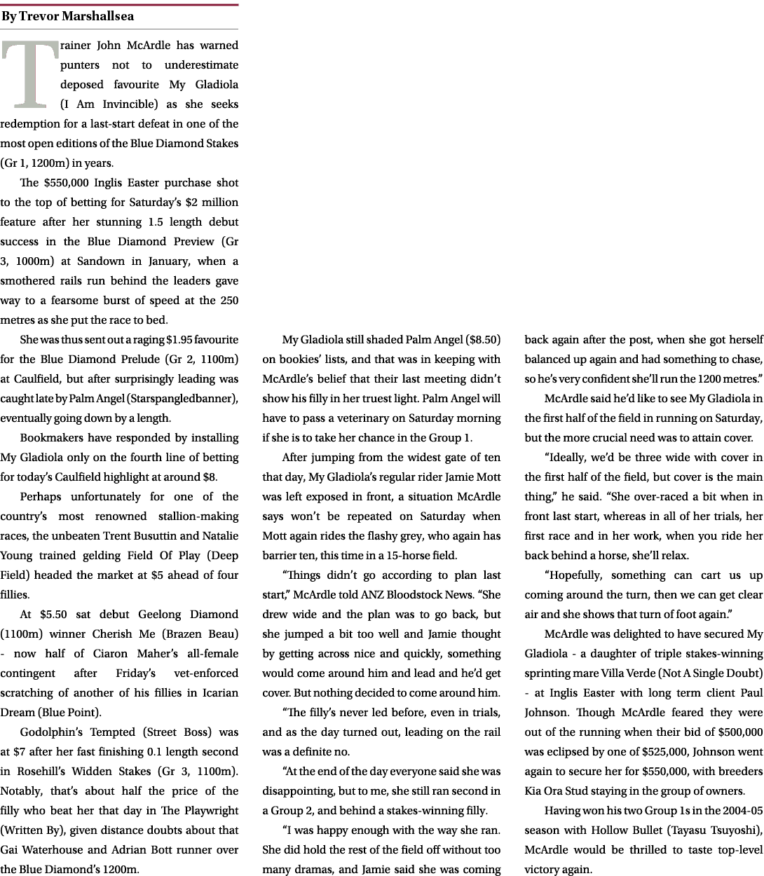 ￼ Trainer John McArdle has warned punters not to underestimate deposed favourite My Gladiola (I Am Invincible) as she...