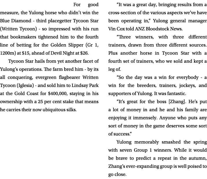 For good measure, the Yulong horse who didn’t win the Blue Diamond third placegetter Tycoon Star (Written Tycoon) so ...