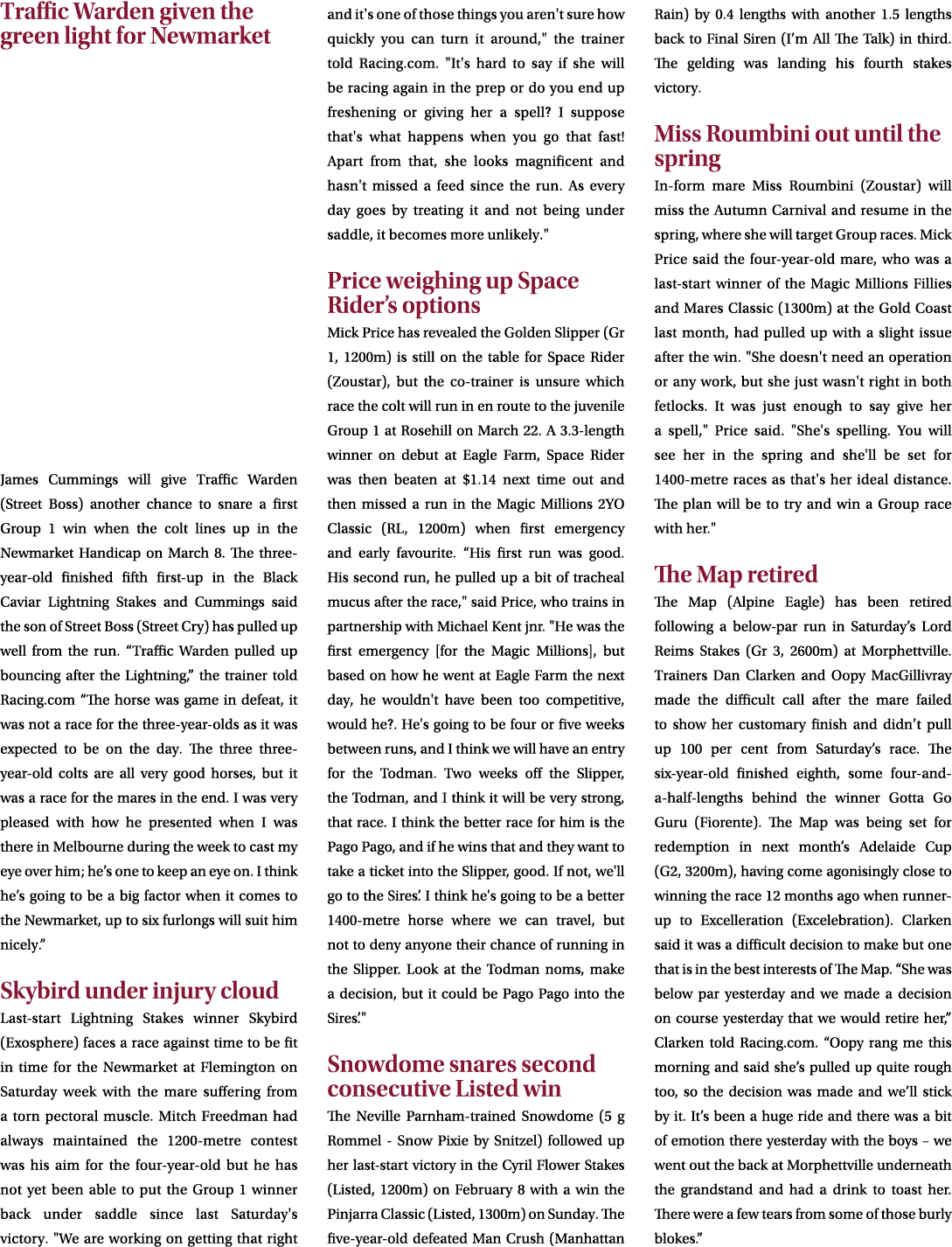 Traffic Warden given the green light for Newmarket James Cummings will give Traffic Warden (Street Boss) another chan...