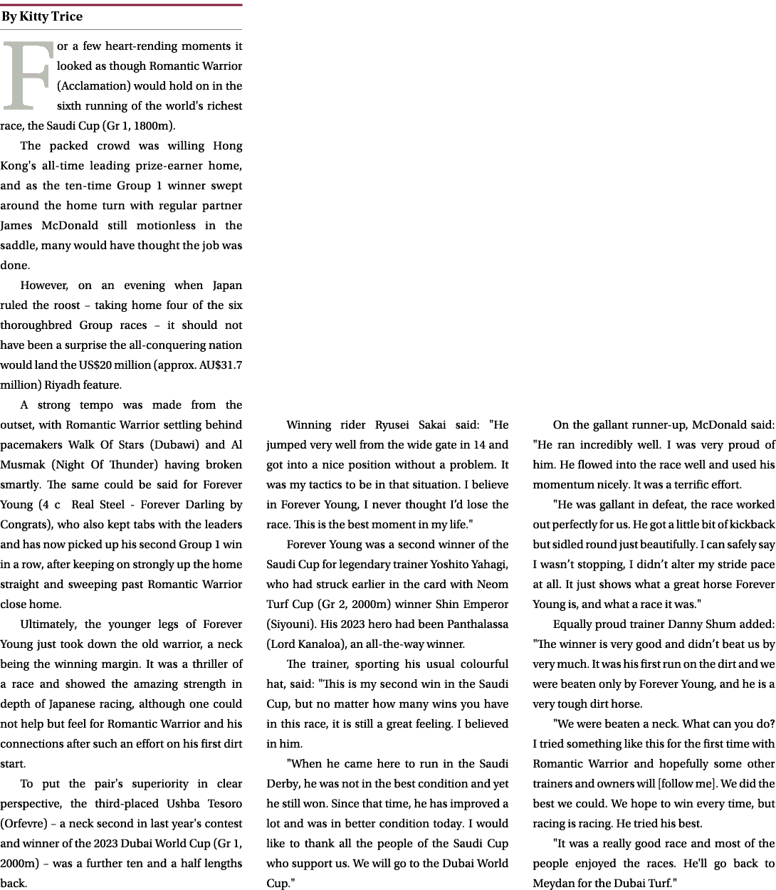 ￼ For a few heart rending moments it looked as though Romantic Warrior (Acclamation) would hold on in the sixth runni...