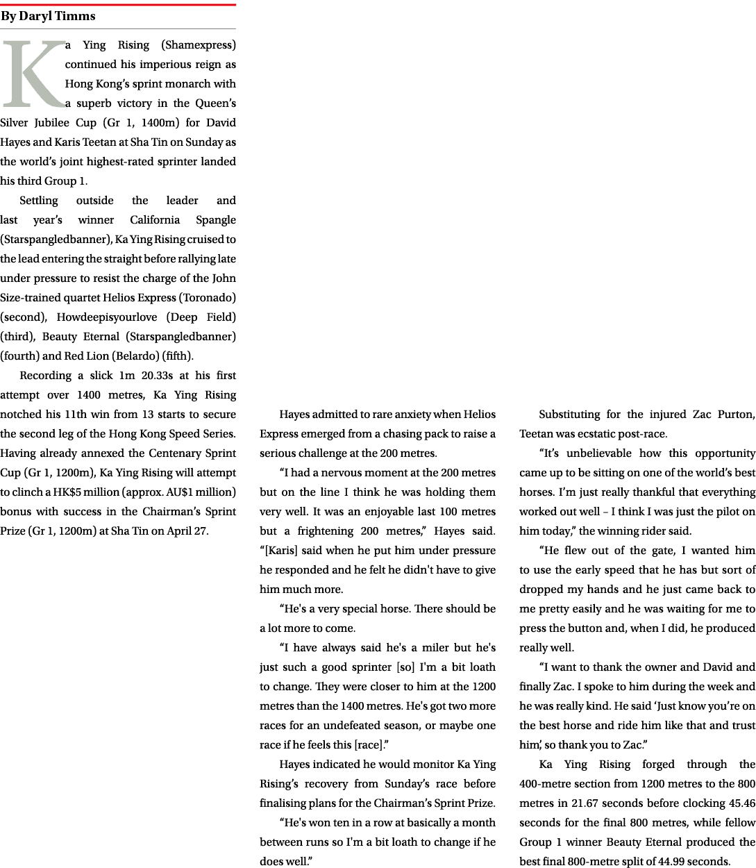 ￼ Ka Ying Rising (Shamexpress) continued his imperious reign as Hong Kong’s sprint monarch with a superb victory in t...