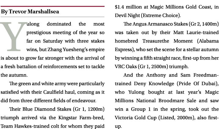 ￼ Yulong dominated the most prestigious meeting of the year so far on Saturday with three stakes wins, but Zhang Yues...