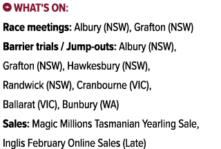  What's on: Race meetings: Albury (NSW), Grafton (NSW) Barrier trials / Jump outs: Albury (NSW), Grafton (NSW), Hawk...