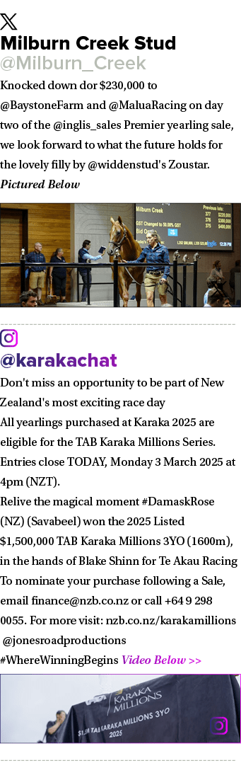 ￼ Milburn Creek Stud @Milburn_Creek Knocked down dor $230,000 to @BaystoneFarm and @MaluaRacing on day two of the @in...