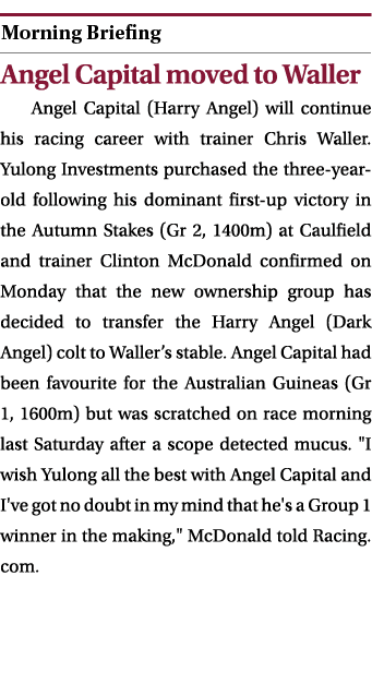  ￼ Angel Capital moved to Waller Angel Capital (Harry Angel) will continue his racing career with trainer Chris Walle...