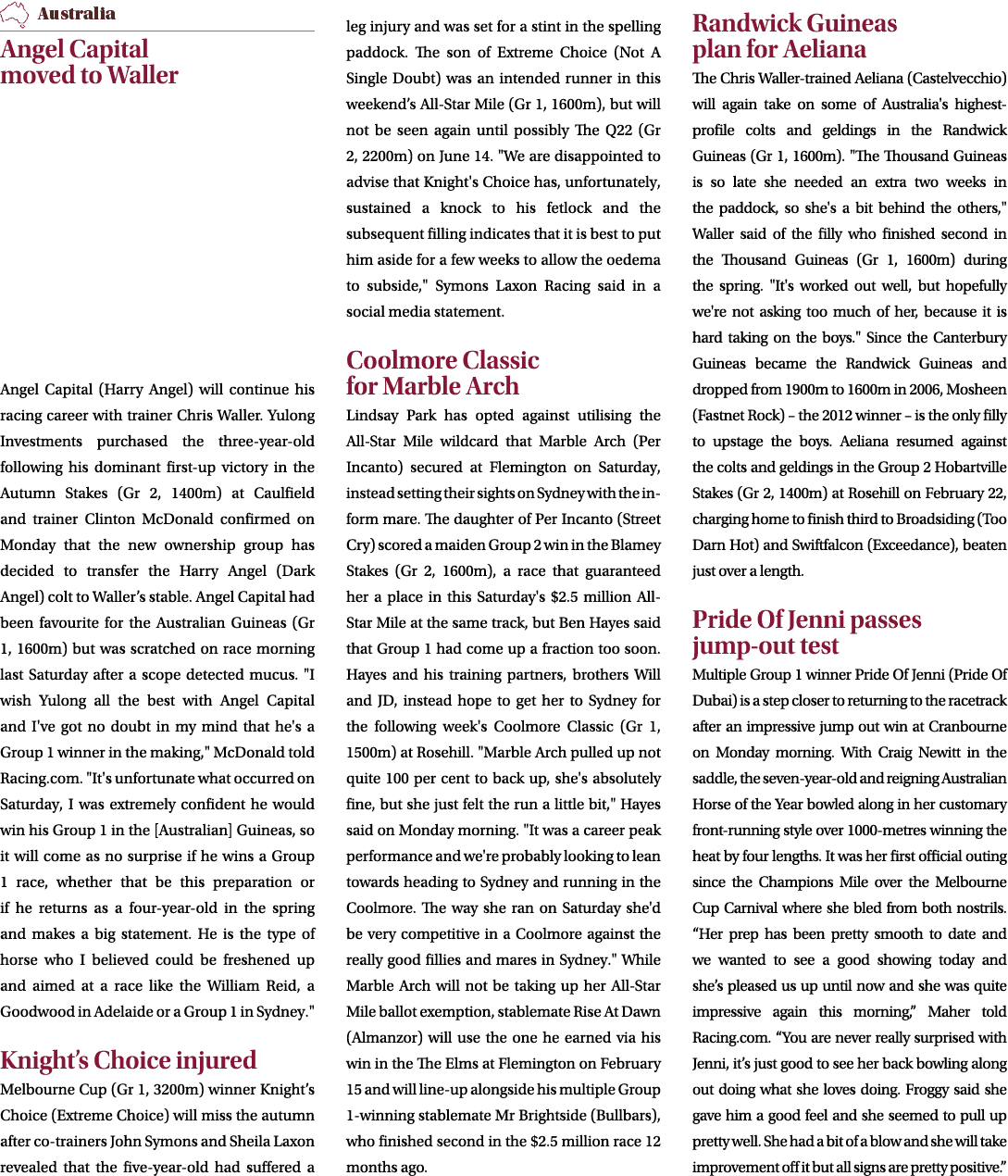 ￼ Angel Capital moved to Waller Angel Capital (Harry Angel) will continue his racing career with trainer Chris Waller...