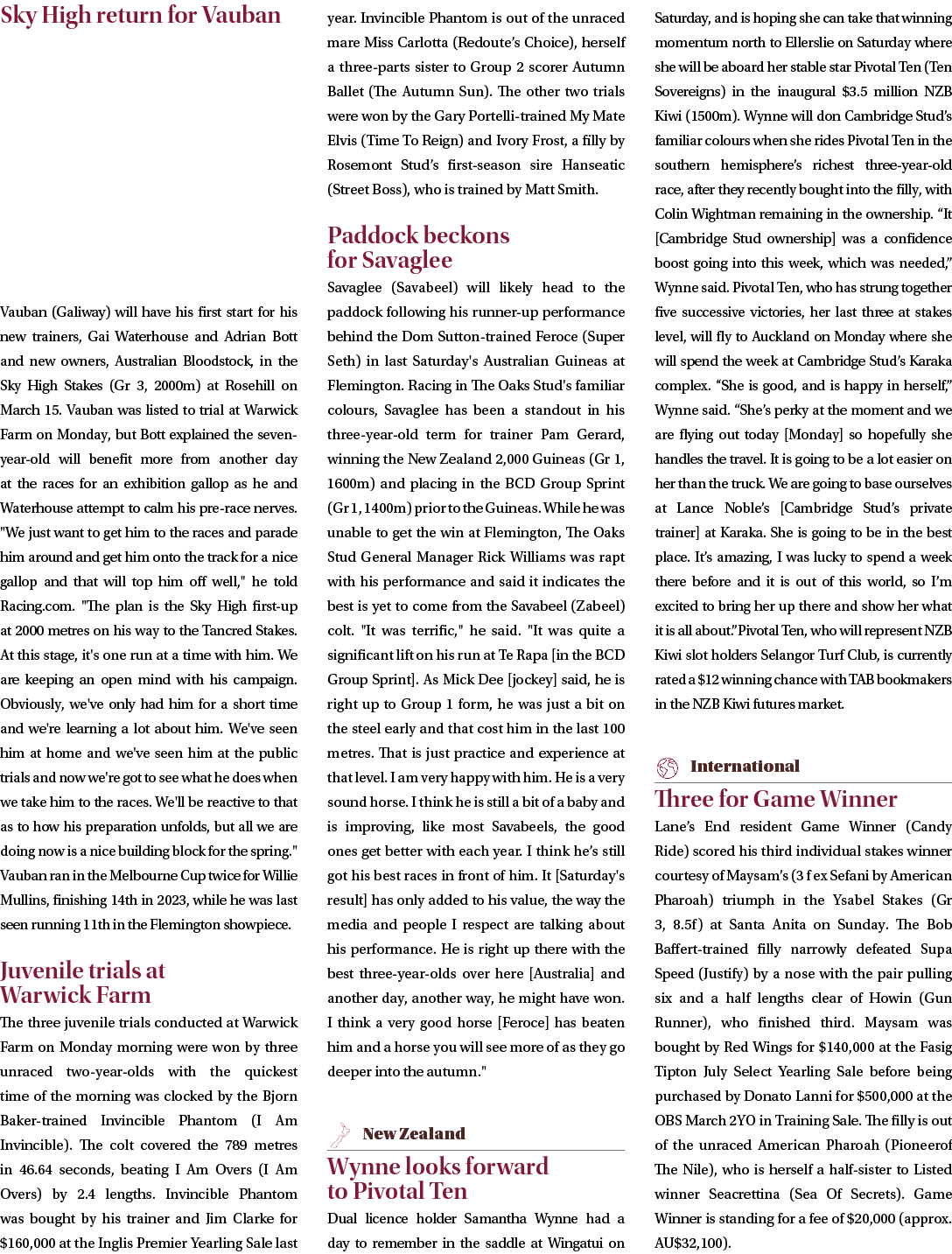 Sky High return for Vauban Vauban (Galiway) will have his first start for his new trainers, Gai Waterhouse and Adrian...