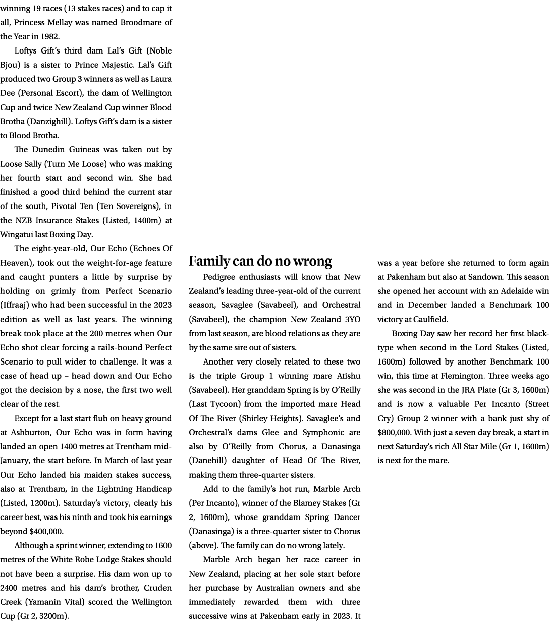 winning 19 races (13 stakes races) and to cap it all, Princess Mellay was named Broodmare of the Year in 1982. Loftys...