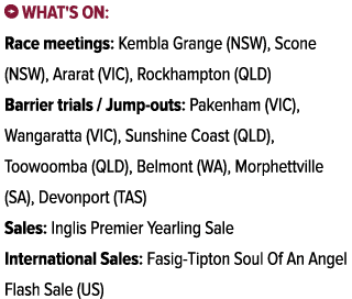 ￼ What's on: Race meetings: Kembla Grange (NSW), Scone (NSW), Ararat (VIC), Rockhampton (QLD) Barrier trials / Jump o...