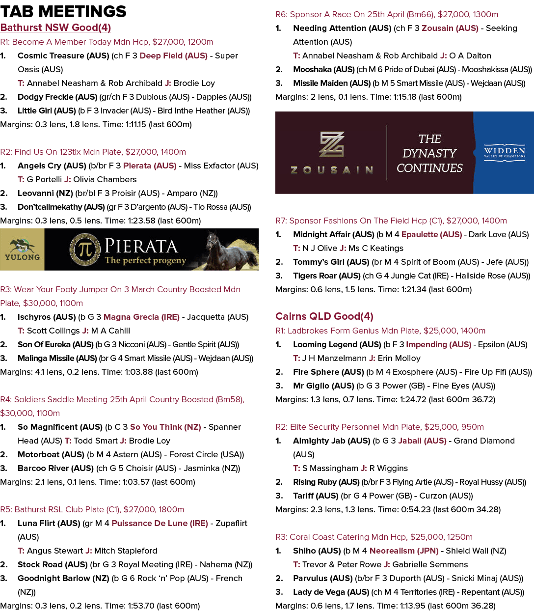 Tab Meetings Bathurst NSW Good(4) R1: Become A Member Today Mdn Hcp, $27,000, 1200m 1. Cosmic Treasure (AUS) (ch F 3 ...