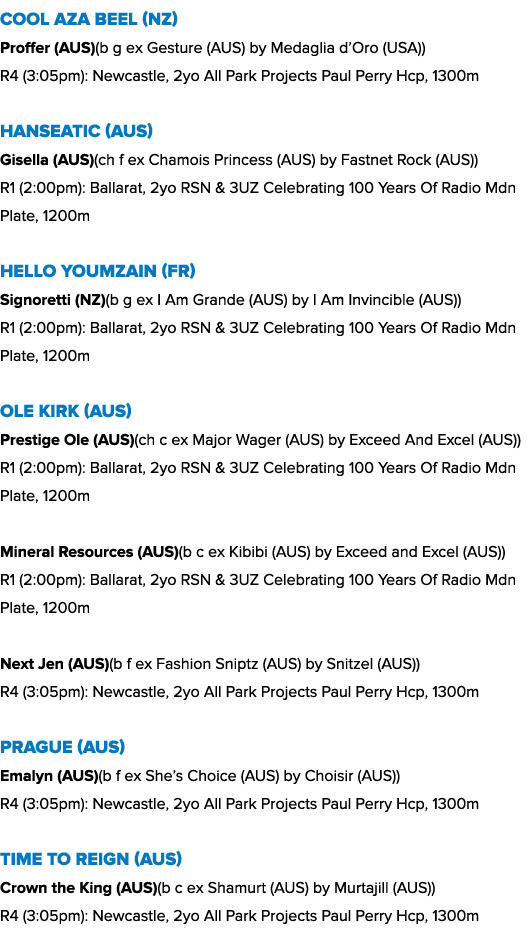Cool Aza Beel (NZ) Proffer (AUS)(b g ex Gesture (AUS) by Medaglia d’Oro (USA)) R4 (3:05pm): Newcastle, 2yo All Park P...
