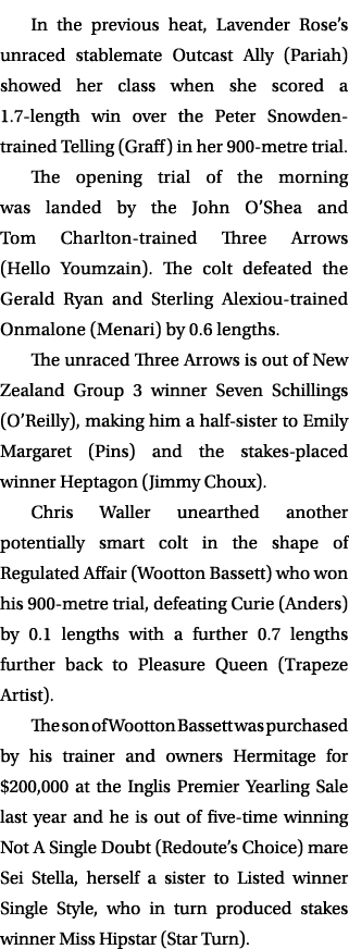 In the previous heat, Lavender Rose’s unraced stablemate Outcast Ally (Pariah) showed her class when she scored a 1.7...