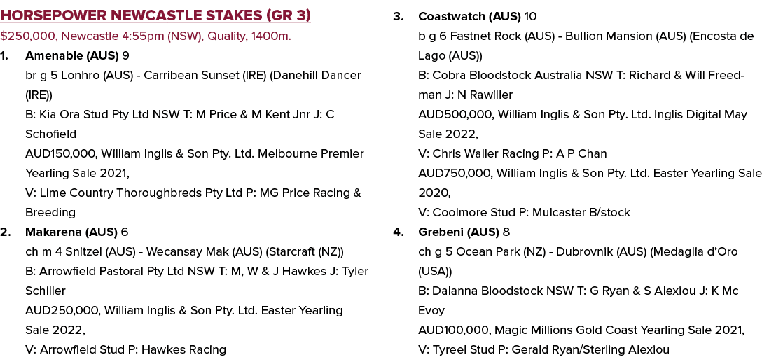 Horsepower Newcastle Stakes (GR 3) $250,000, Newcastle 4:55pm (NSW), Quality, 1400m. 1. Amenable (AUS) 9 br g 5 Lonhr...