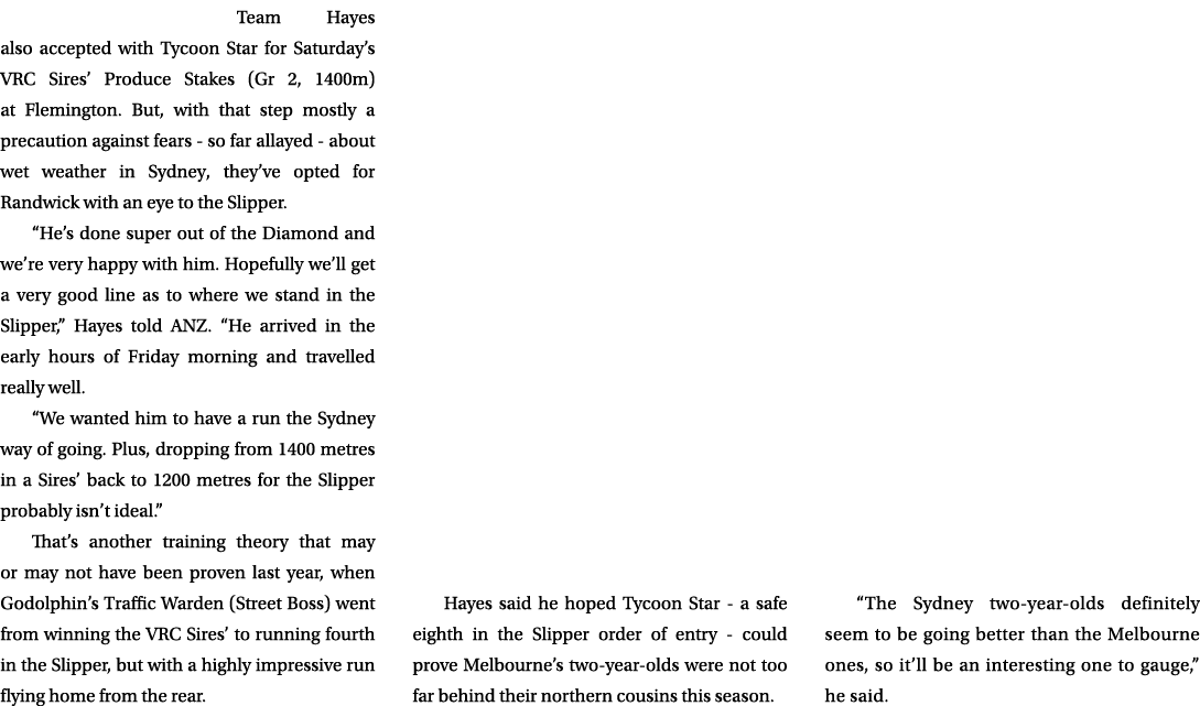 Team Hayes also accepted with Tycoon Star for Saturday’s VRC Sires’ Produce Stakes (Gr 2, 1400m) at Flemington. But, ...