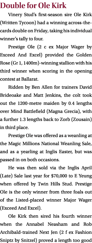 Double for Ole Kirk Vinery Stud’s first season sire Ole Kirk (Written Tycoon) had a winning across the cards double o...