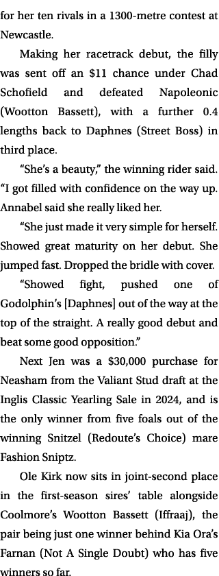 for her ten rivals in a 1300 metre contest at Newcastle. Making her racetrack debut, the filly was sent off an $11 ch...