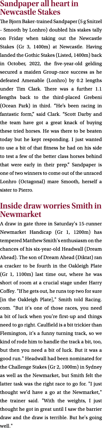 Sandpaper all heart in Newcastle Stakes The Bjorn Baker trained Sandpaper (5 g Snitzel Smooth by Lonhro) doubled his ...