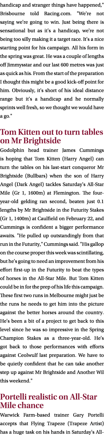 handicap and stranger things have happened,\“ Brisbourne told Racing.com. \"We're not saying we're going to win. Just...