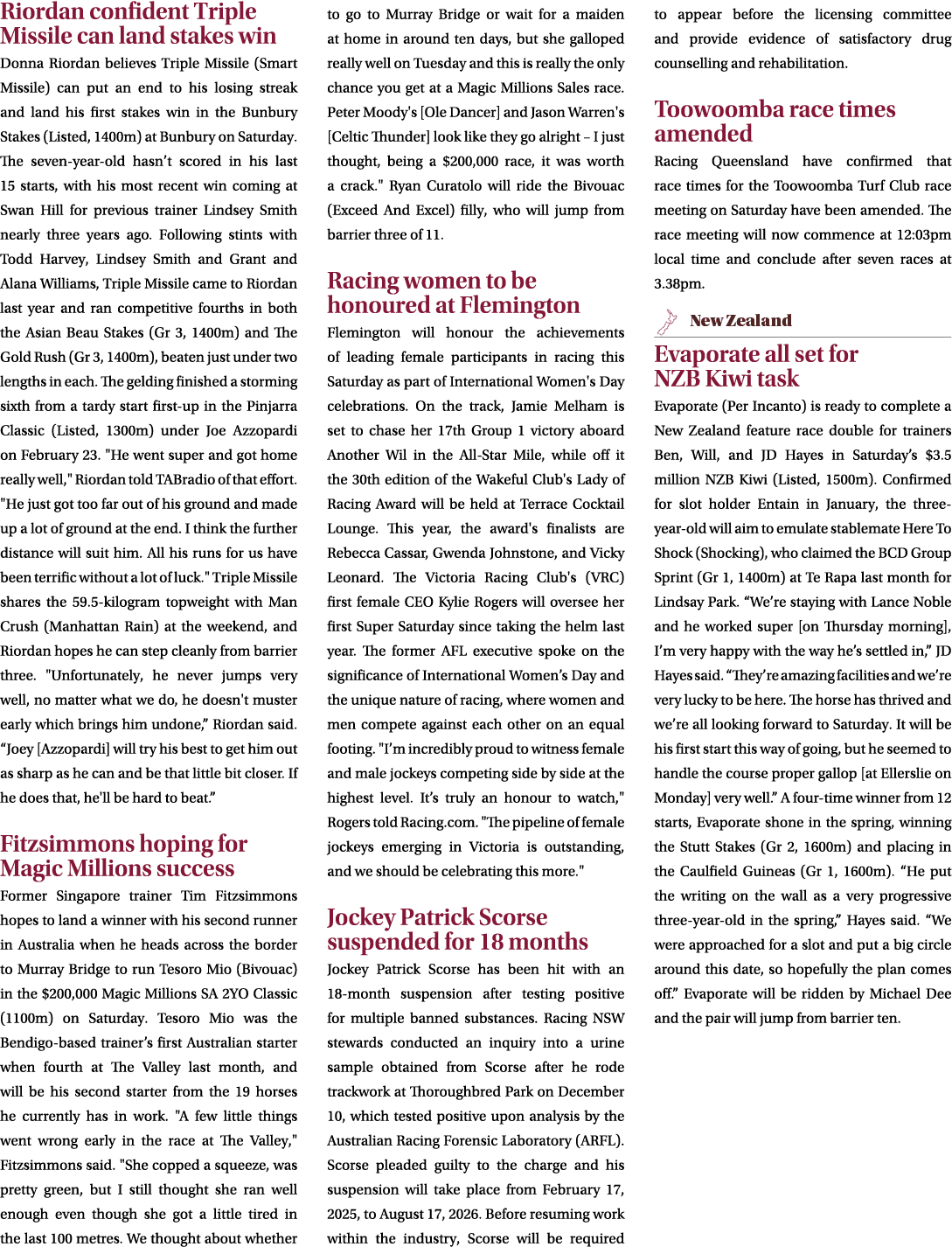 Riordan confident Triple Missile can land stakes win Donna Riordan believes Triple Missile (Smart Missile) can put an...