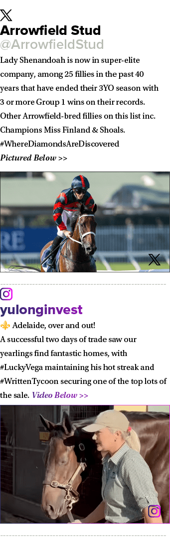 ￼ Arrowfield Stud @ArrowfieldStud Lady Shenandoah is now in super elite company, among 25 fillies in the past 40 year...