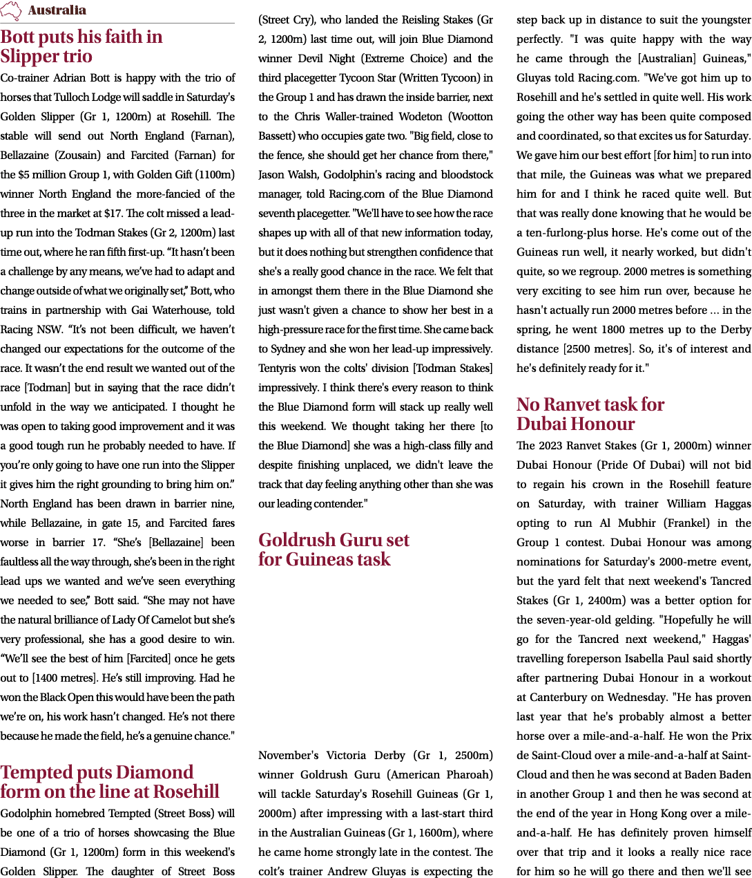 ￼ Bott puts his faith in Slipper trio Co trainer Adrian Bott is happy with the trio of horses that Tulloch Lodge will...