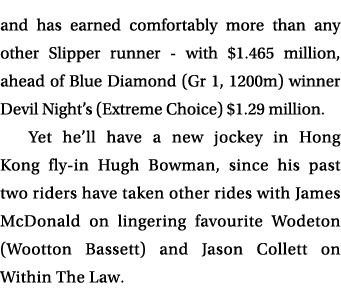 and has earned comfortably more than any other Slipper runner with $1.465 million, ahead of Blue Diamond (Gr 1, 1200m...