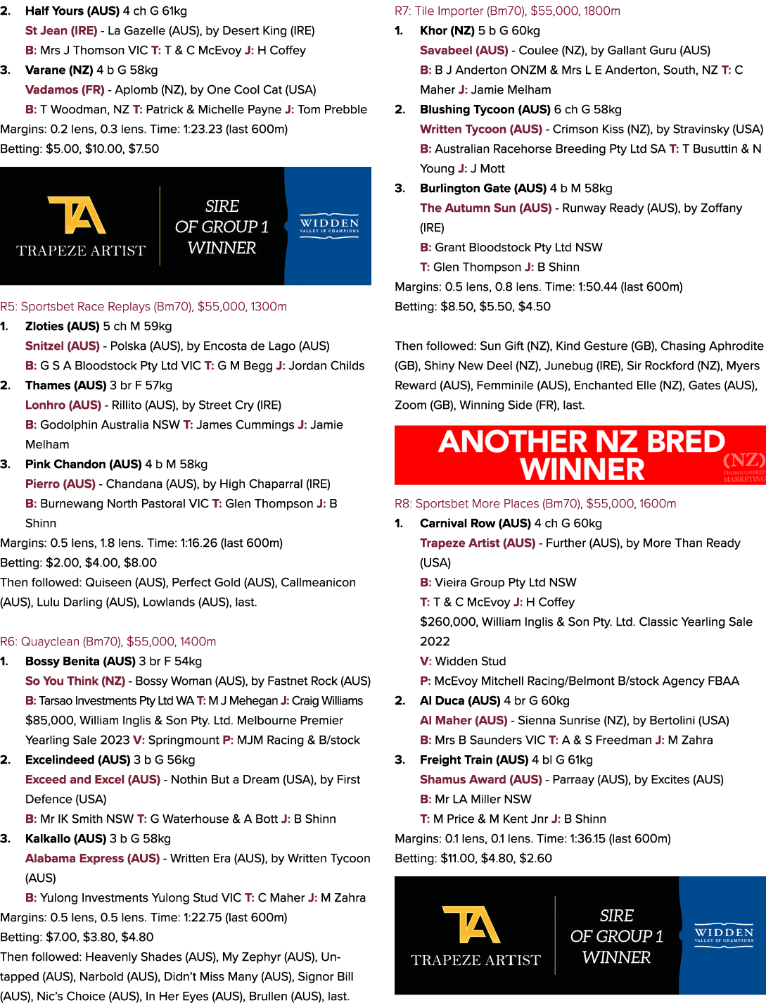 2. Half Yours (AUS) 4 ch G 61kg St Jean (IRE) La Gazelle (AUS), by Desert King (IRE) B: Mrs J Thomson VIC T: T & C Mc...