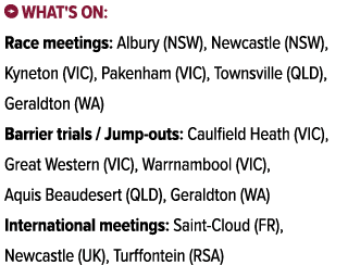 ￼ What's on: Race meetings: Albury (NSW), Newcastle (NSW), Kyneton (VIC), Pakenham (VIC), Townsville (QLD), Geraldton...