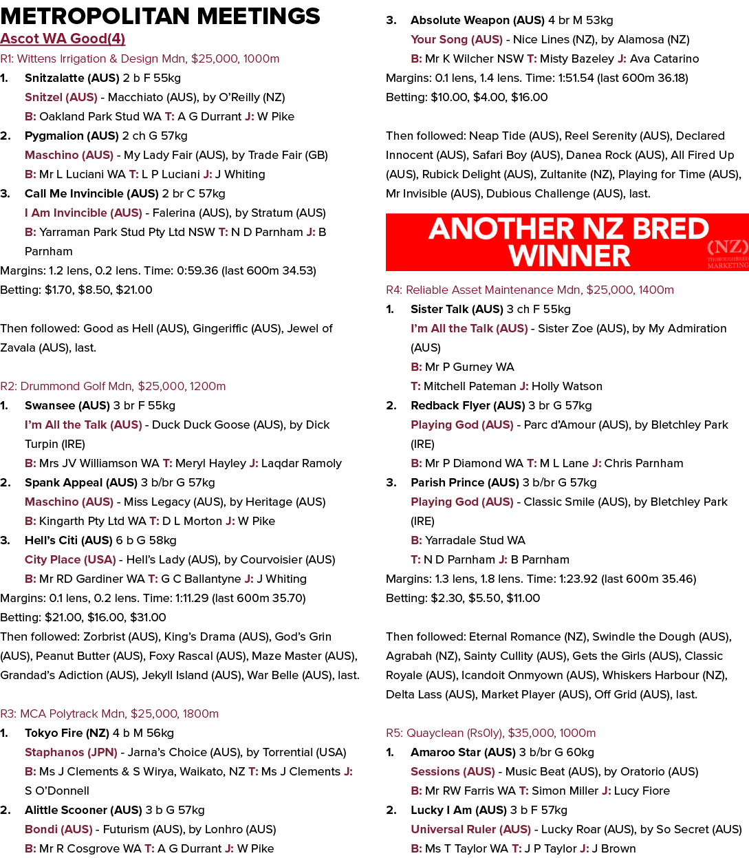 Metropolitan Meetings Ascot WA Good(4) R1: Wittens Irrigation & Design Mdn, $25,000, 1000m 1. Snitzalatte (AUS) 2 b F...
