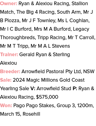 Owner: Ryan & Alexiou Racing, Stallion Match, The Big 4 Racing, South Arm, Mr J B Plozza, Mr J F Townley, Ms L Coghla...