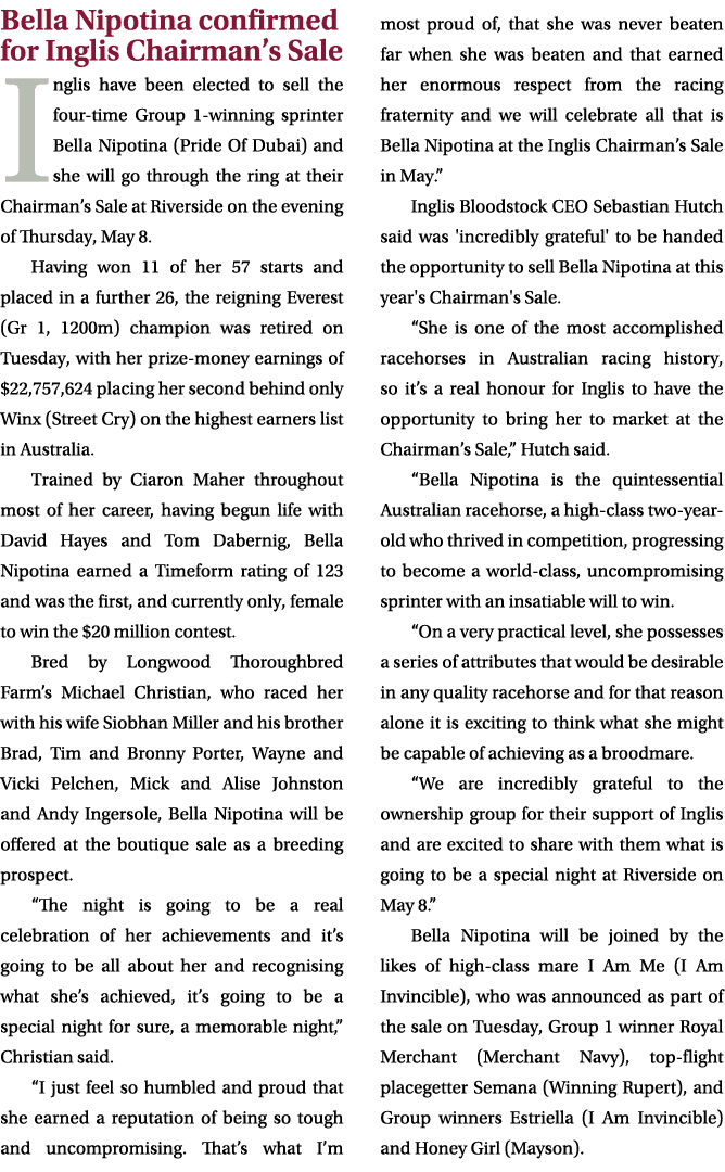 Bella Nipotina confirmed for Inglis Chairman’s Sale Inglis have been elected to sell the four time Group 1 winning sp...