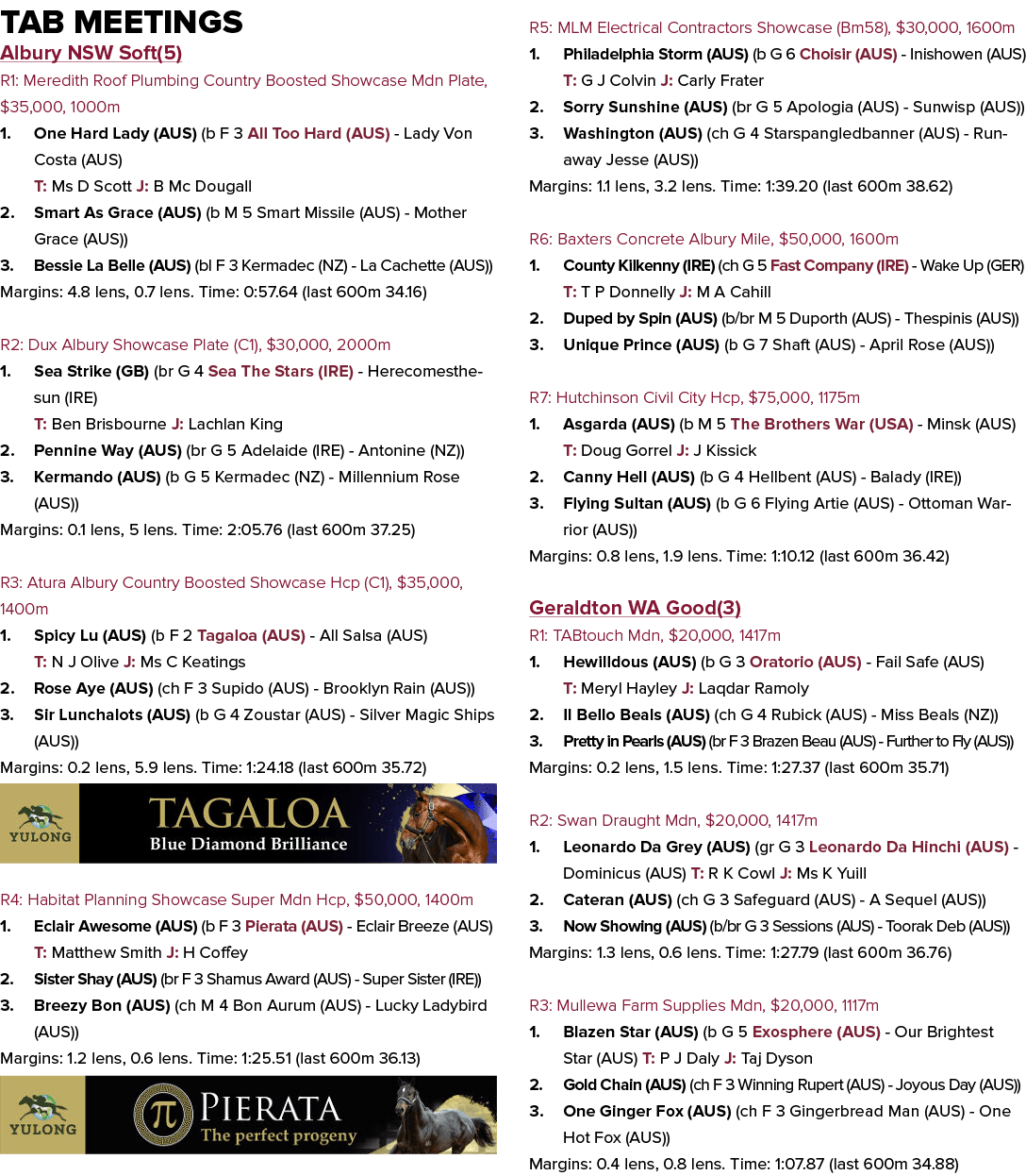 Tab Meetings Albury NSW Soft(5) R1: Meredith Roof Plumbing Country Boosted Showcase Mdn Plate, $35,000, 1000m 1. One ...