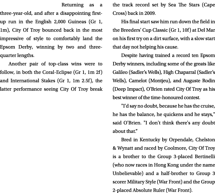 Returning as a three year old, and after a disappointing first up run in the English 2,000 Guineas (Gr 1, 1m), City O...