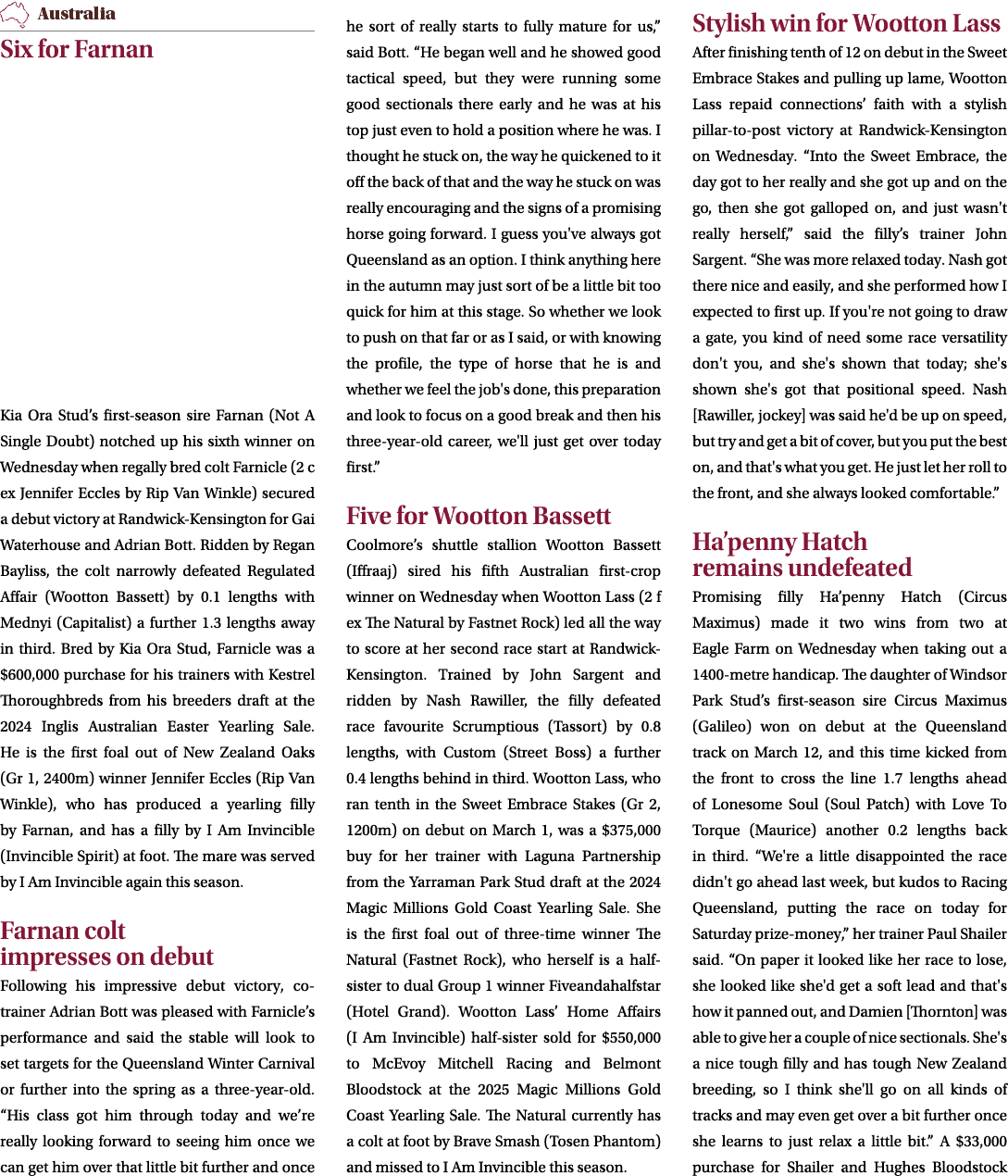 ￼ Six for Farnan Kia Ora Stud’s first season sire Farnan (Not A Single Doubt) notched up his sixth winner on Wednesda...