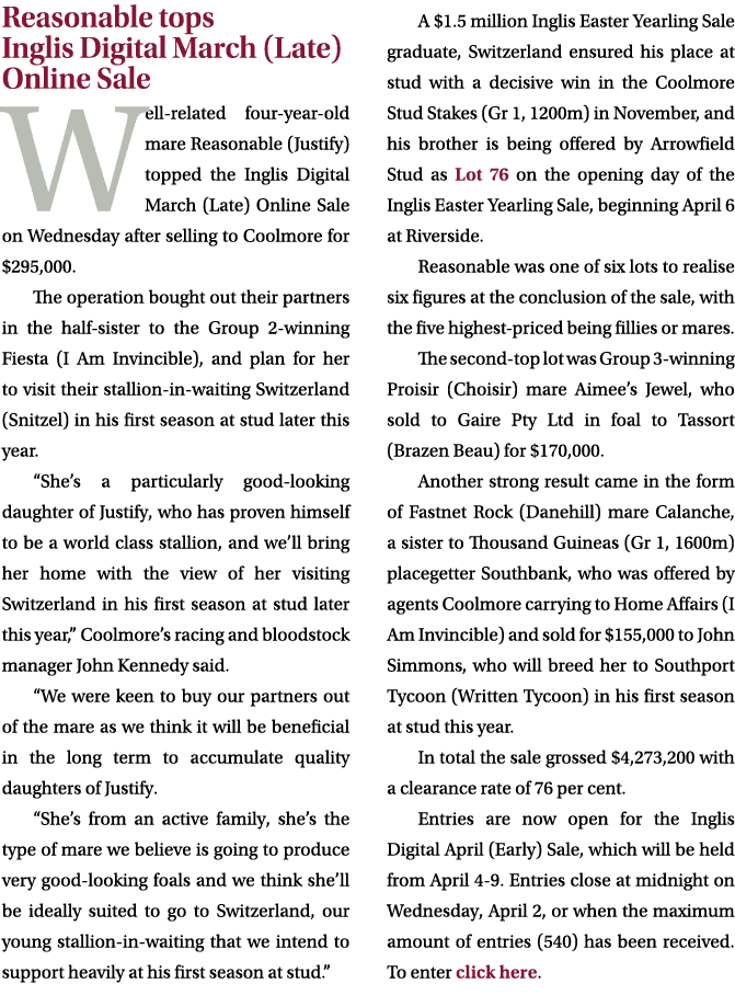 Reasonable tops Inglis Digital March (Late) Online Sale Well related four year old mare Reasonable (Justify) topped t...