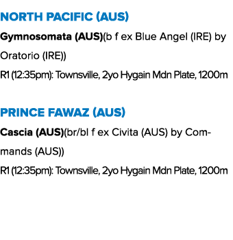 North Pacific (AUS) Gymnosomata (AUS)(b f ex Blue Angel (IRE) by Oratorio (IRE)) R1 (12:35pm): Townsville, 2yo Hygain...