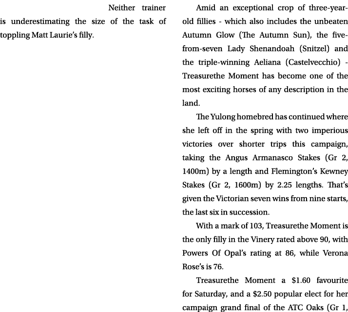 Neither trainer is underestimating the size of the task of toppling Matt Laurie’s filly. Amid an exceptional crop of ...