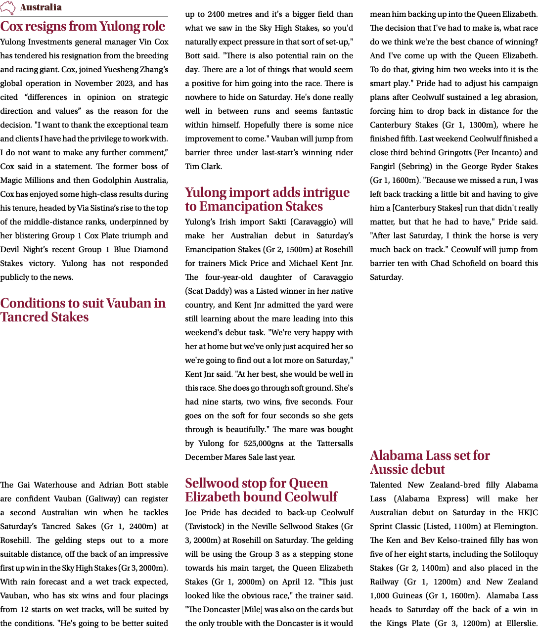 ￼ Cox resigns from Yulong role Yulong Investments general manager Vin Cox has tendered his resignation from the breed...