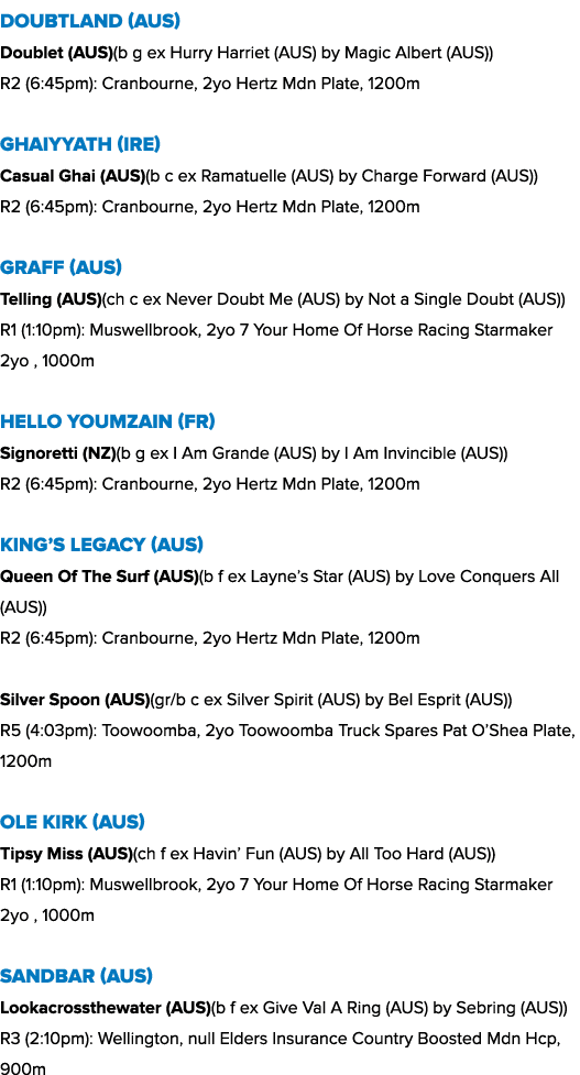 Doubtland (AUS) Doublet (AUS)(b g ex Hurry Harriet (AUS) by Magic Albert (AUS)) R2 (6:45pm): Cranbourne, 2yo Hertz Md...