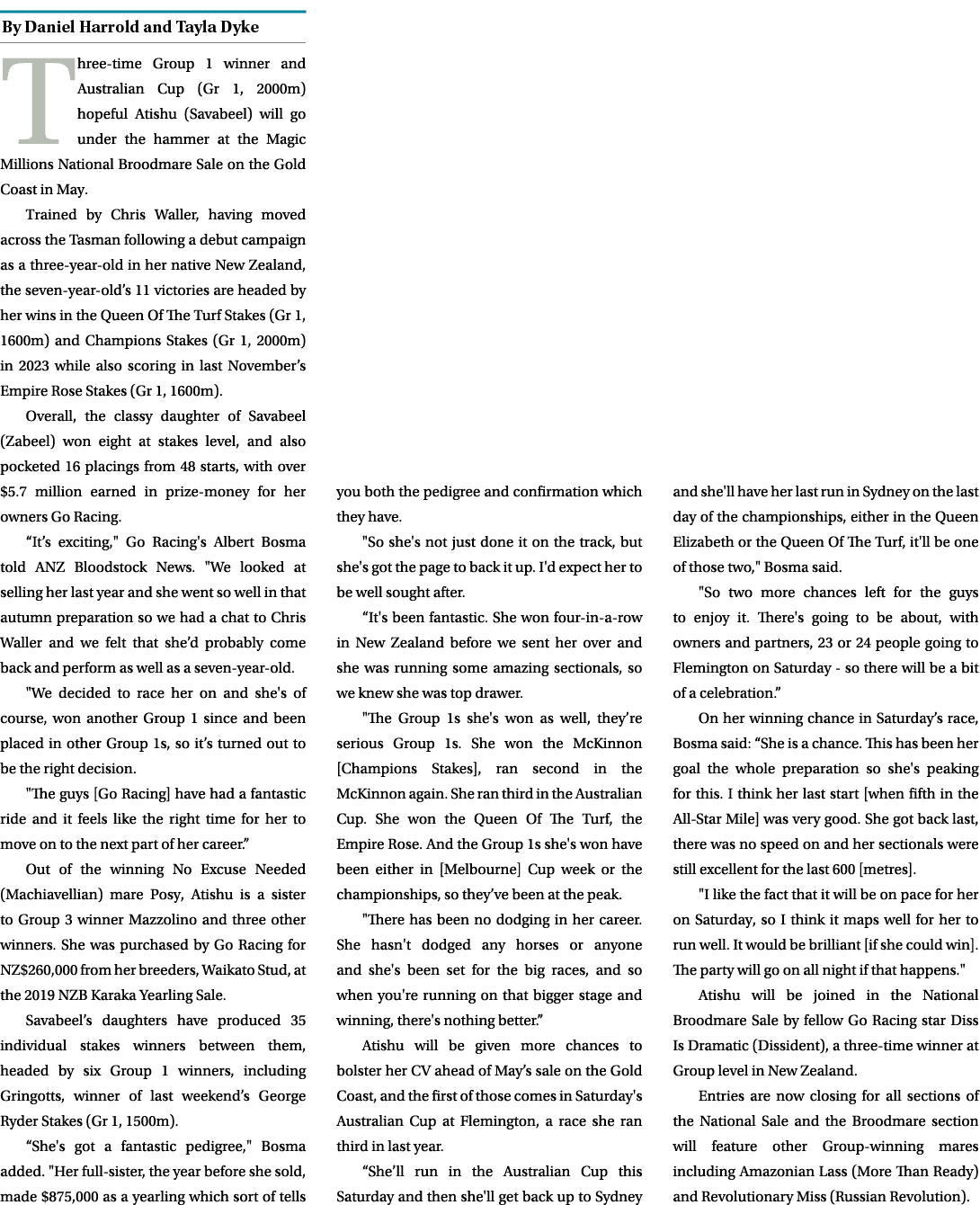 ￼ Three time Group 1 winner and Australian Cup (Gr 1, 2000m) hopeful Atishu (Savabeel) will go under the hammer at th...