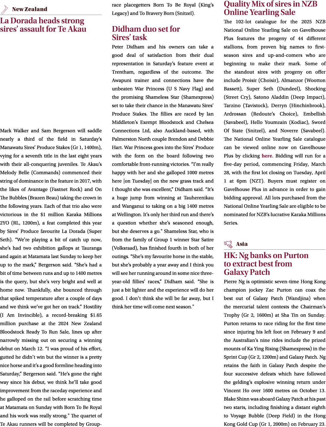 ￼ La Dorada heads strong sires’ assault for Te Akau Mark Walker and Sam Bergerson will saddle nearly a third of the f...