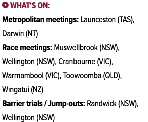 ￼ What's on: Metropolitan meetings: Launceston (TAS), Darwin (NT) Race meetings: Muswellbrook (NSW), Wellington (NSW)...