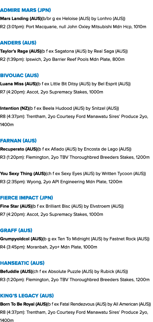 Admire Mars (JPN) Mars Landing (AUS)(b/br g ex Heloise (AUS) by Lonhro (AUS)) R2 (3:01pm): Port Macquarie, null John ...
