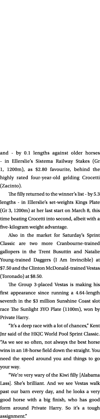 and by 0.1 lengths against older horses in Ellerslie’s Sistema Railway Stakes (Gr 1, 1200m), as $2.80 favourite, behi...