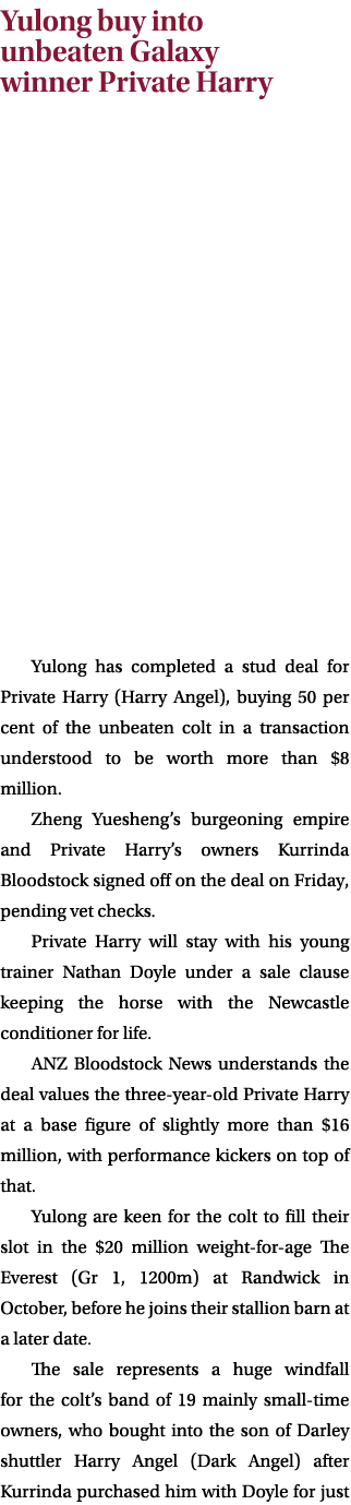 Yulong buy into unbeaten Galaxy winner Private Harry Yulong has completed a stud deal for Private Harry (Harry Angel)...