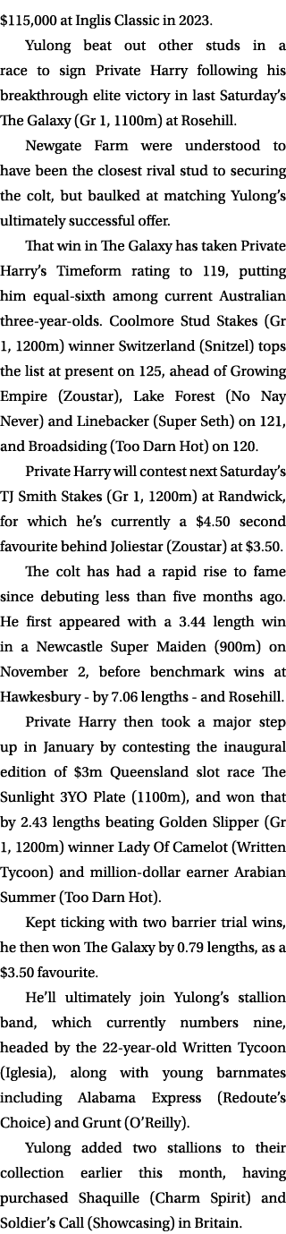 $115,000 at Inglis Classic in 2023. Yulong beat out other studs in a race to sign Private Harry following his breakth...