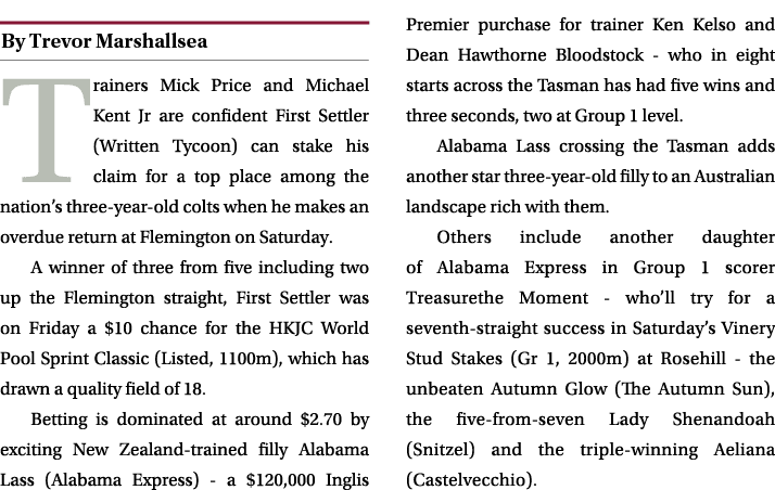 ￼ Trainers Mick Price and Michael Kent Jr are confident First Settler (Written Tycoon) can stake his claim for a top ...