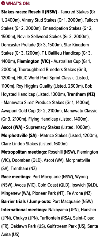 ￼ What's on: Stakes races: Rosehill (NSW) Tancred Stakes (Gr 1, 2400m), Vinery Stud Stakes (Gr 1, 2000m), Tulloch Sta...